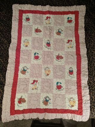 Vintage Hand Stitched Childs Red White Quilt 46 " X 31 " Pee Dee Fruit Orchard Kids