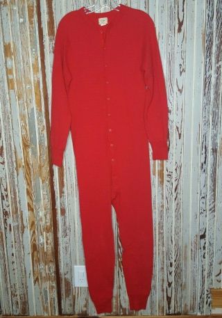 Vtg Ll Bean Wool Blend Long Johns Union Suit Red Usa Made Small Cotton Lined