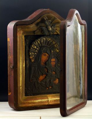 Antique Russian Orthodox Mother Of God And Jesus Christ In A Wooden Case