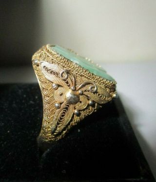 Antique Vintage Silver Gilt Filigree Adjustable Ring Chinese? Jade/ Jadeite Moth