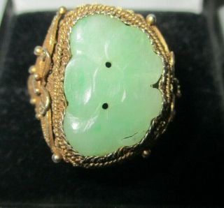 Antique Vintage Silver Gilt Filigree Adjustable Ring Chinese? Jade/ Jadeite Moth 2