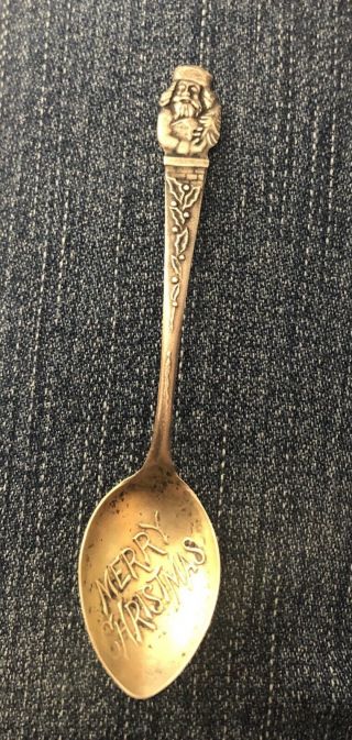 Vtg Merry Christmas Santa Claus Sterling Silver Souvenir Spoon,  3.  25 " Long