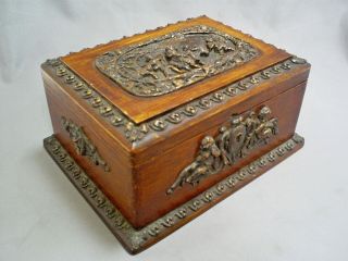 Lovely Antique Victorian Oak Jewellery Box With Bronzed Neo Classical Plaques
