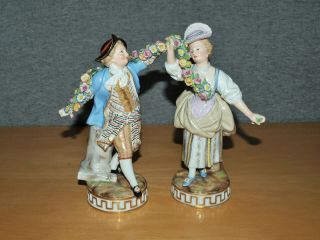 Pair Antique Meissen Porcelain Figures - F67 - Man & Woman With Flower Garlands