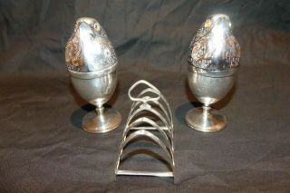 Solid Sterling Silver Hallmarked Toast Rack,  2 Silver Plate Chick Egg Cups