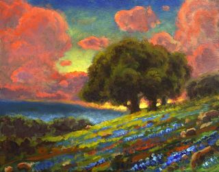 Painting Landscape Vintage Romantic Texas Bluebonnets Art Max Cole