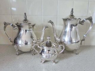 3 Piece Vintage Silver Plated Tea Set: Prestige Teapot,  Coffee Pot & Sugar Bowl
