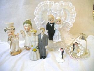 5 Bride & Groom Vintage Collectibles Porcelain Cake Toppers & S&p Plastic Lace