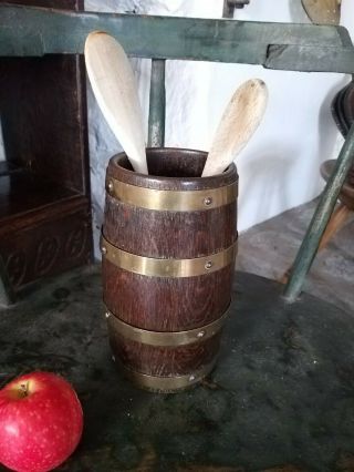 A Small Antique Oak And Brass Barrell Kitchen Spoons Container Etc