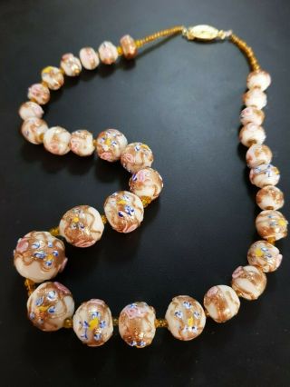 Murano Wedding Cake Venetian Glass Beads Necklace White Gold Vintage