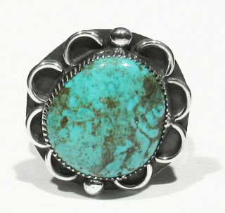 Big Vintage 70s Signed Navajo 925 Silver Natural Pilot Mountain Turquoise Ring 8