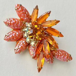 D&e Juliana Vtg Amber Navette Rhinestone Ab Molded Glass Flower Brooch Pin 312