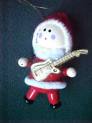 Vintage Miniature Wooden Santa Claus With Guitar Christmas Ornament