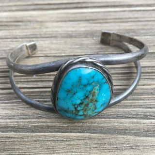 Vintage Jewelry Sterling Silver Cuff Bracelet Large Turquoise Stone Southwest