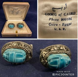 Vintage Egyptian Revival Turquoise Scarab Sterling Silver Cufflinks (k2)