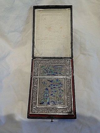 C1890 Antique Chinese Export Silver Card Case Filigree Enamel Box
