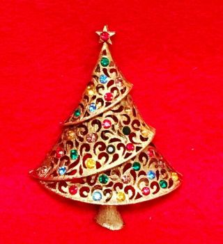 Vintage Signed Jj Multi Color Rhinestone Christmas Tree Brooch