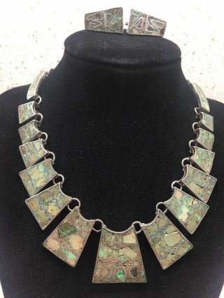 Vintage Taxco Mexico Sterling & Turquoise Inlay Choker Necklace & Earrings