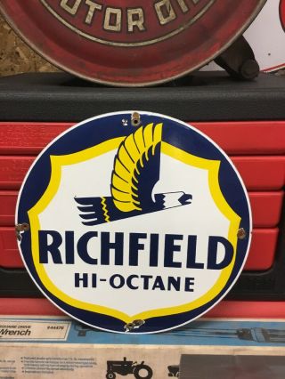 Vintage Richfield Hi - Octane Metal Porcelain Gas Oil Pump Plate Sign