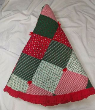 Vintage Handmade Patchwork Christmas Tree Skirt Quilted Red Ruffle