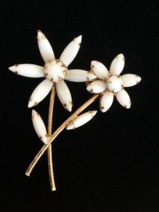 Vintage White Milk Glass Navette Stick Figure Type Double Flower Brooch