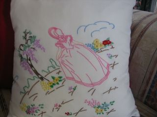 Vintage Linen Cushion Featuring Hand Embroidered Crinoline Lady/southern Belle