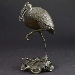 Japanese Meiji Bronze Censer Crane On Lilly Pad