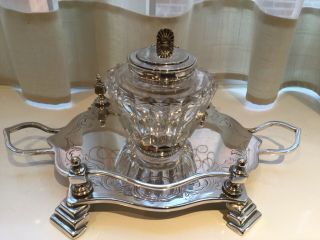 Antique Silver Plated Chased Footed Inkwell Stand And Pot