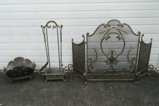 French Fleur De Lis Vintage Set Of Fireplace Screen Wood Holder And Tools 9944