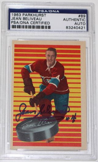 Jean Beliveau Signed 1963 Parkhurst Montreal Canadiens Hockey Card Psa/dna
