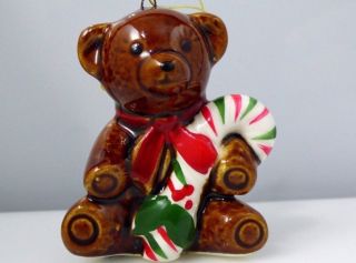 Vintage Ceramic Brown Teddy Bear Holding Candy Cane Christmas Ornament Japan