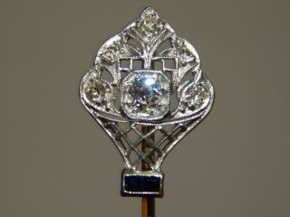 Antique Art Deco Platinum On 14k Gold & 6 Diamonds Stick Pin