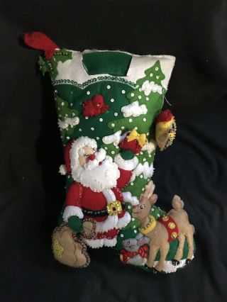 Vintage Christmas " Santa And Reindeer " Felt Bead Sequin 18 " Stocking From Kit