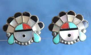 Vintage Zuni Sun God Kachina Inlay Turquoise Sterling Silver Clip On Earrings