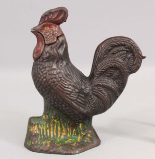 19thC Antique KYSER & REX Mechanical Painted Cast Iron ROOSTER Bank, 2