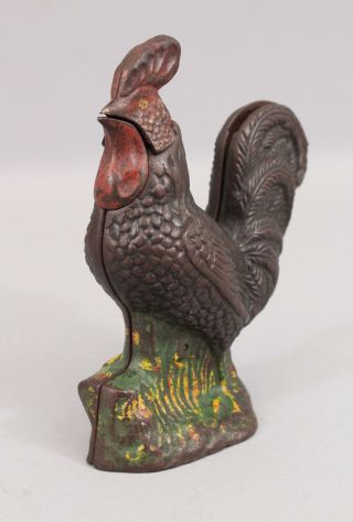 19thC Antique KYSER & REX Mechanical Painted Cast Iron ROOSTER Bank, 3