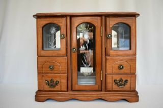 Vintage Wood Standing Jewelry Box Cabinet Glass Doors Necklace Carousel Drawers