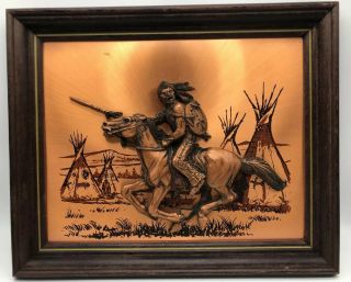 Vintage 1976 John Louw Copper Raised Relief 3d Art Indian On Horse Picture