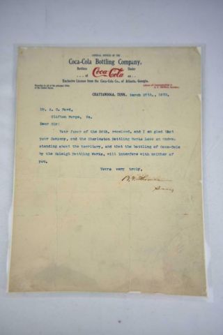 Vintage Coca - Cola 1903 Letter Chattanooga Tenn,  Clifton Forge Va