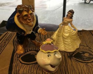 Vintage Schmid Beauty And The Beast Belle,  Beast,  Miss Pots Hand Painted Figures