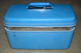 Vintage Samsonite Silhouette Blue Train Case Cosmetic Luggage Makeup Key Mirror