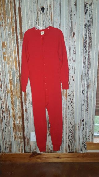 Vtg LL Bean Wool Blend Long Johns Union Suit Red USA Made XL - Tall Cotton Lined 2