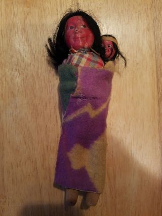 Vintage Skookum Indian Doll - Squaw With Papoose & Leather Mocassins 9 " Tall