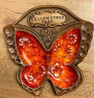 Vintage Treasure Craft Ashtray Yellowstone Red Butterfly Faux Wood Tone 5.  5x5.  5