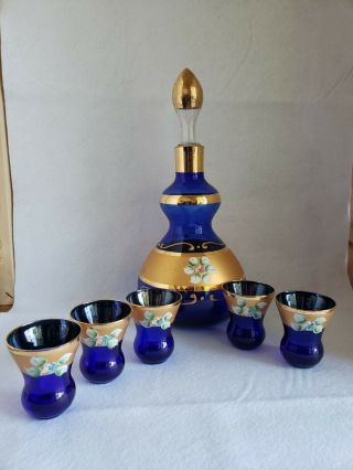 Vintage Hand Painted Italian Bohemian Czech.  Decanter With 5 Shot Glass Cups