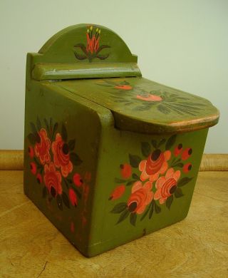 Old Antique Folk Art Norwegian Rosemaling Painted Wooden Salt Box Signed 1920s