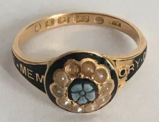Antique Victorian 18ct Gold In Memory Of Black Enamel Mourning Ring Size Q,
