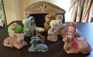 Children Nativity 15 Pc.  Set Ceramic 11 " X 8 " Manger Vintage Hand Painted Child