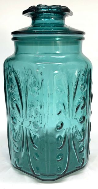 Vintage Atterbury Scroll Glass Teal Blue Canister,  Cookie Jar 9.  5” Tall