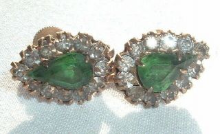 Vintage Emerald Green Teardrop Prong Set Rhinestone Screw Earrings In Gift Box